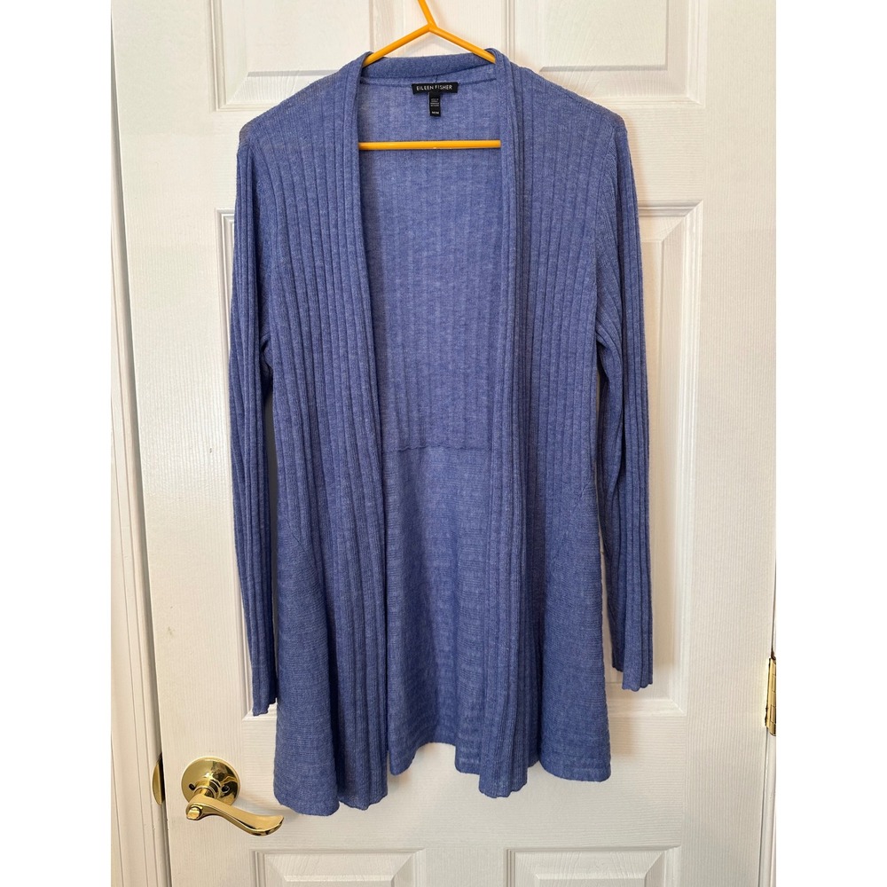 Eileen Fisher Blue Ribbed Open Front Cardigan Tencel Merino Alpaca Blend Medium